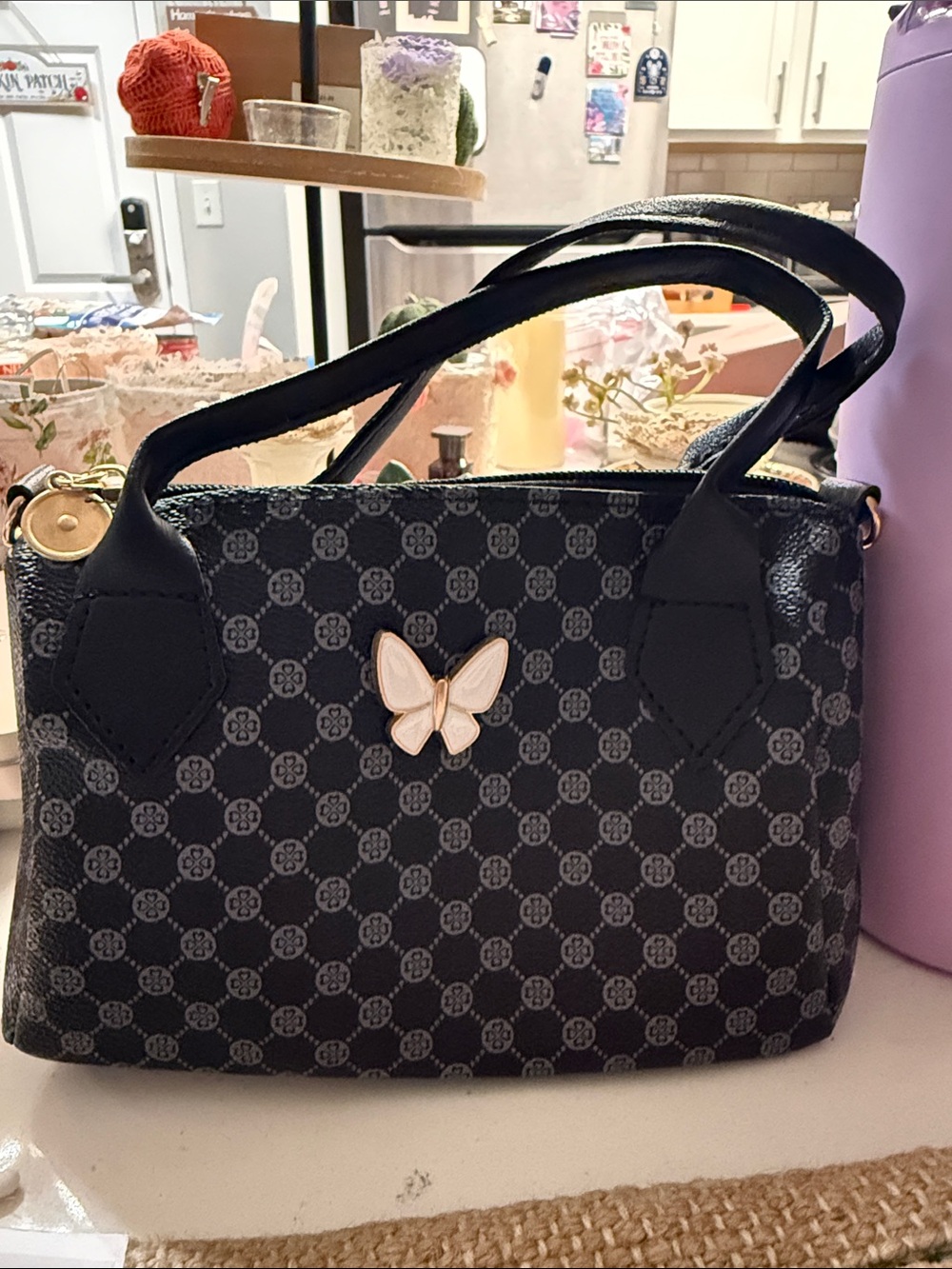 Butterfly Accent Black Patterned Satchel - Unbranded